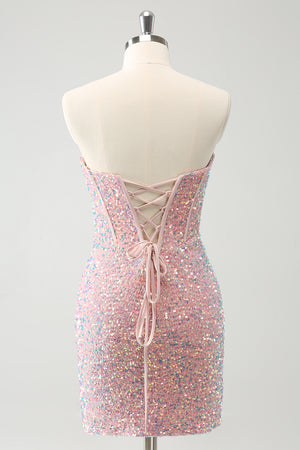 Sparkly Light Pink Tight Strapless Homecoming Dress with Sequins