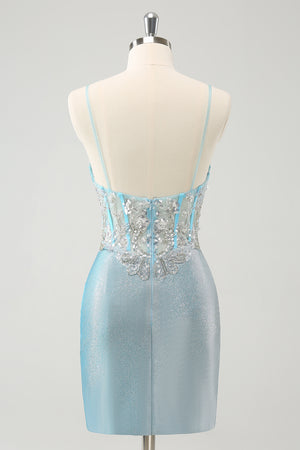 Sparkly Light Blue Tight Homecoming Dress with Beading