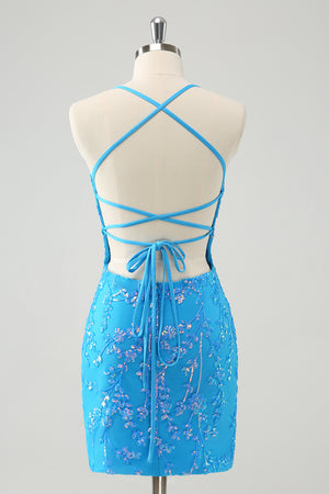 Glitter Sky Blue Tight Homecoming Dress with Sequins