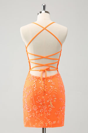 Glitter Orange Tight Homecoming Dress with Sequins