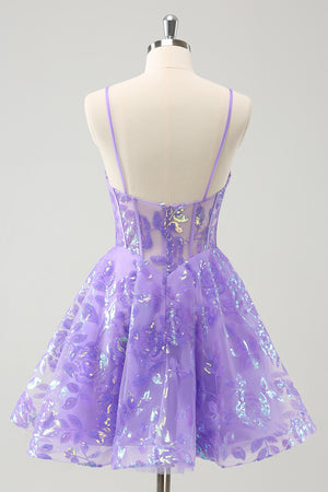 Lilac Glitter A Line Corset Short Homecoming Dress with Sequins