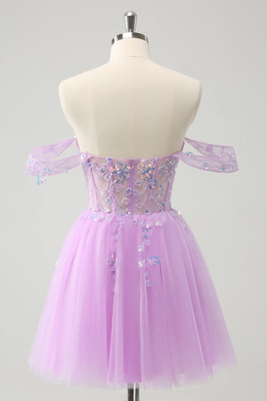 Glitter Lilac A Line Corset Short Homecoming Dress with Sequins