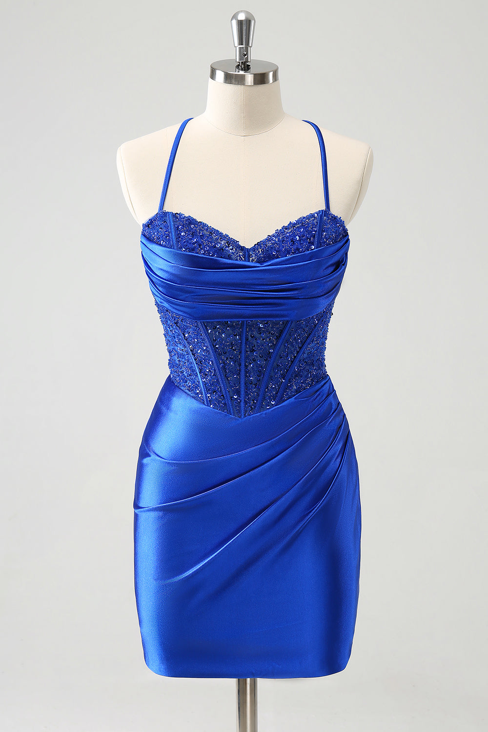 Sparkly Royal Blue Corset Satin Homecoming Dress With Beading