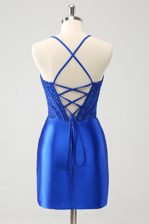 Sparkly Royal Blue Corset Satin Homecoming Dress With Beading