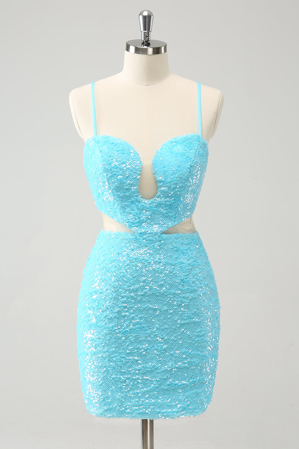 Glitter Blue Tight Homecoming Dress With Hollow-out