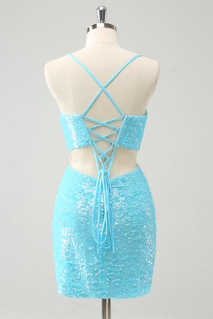 Glitter Blue Tight Homecoming Dress With Hollow-out