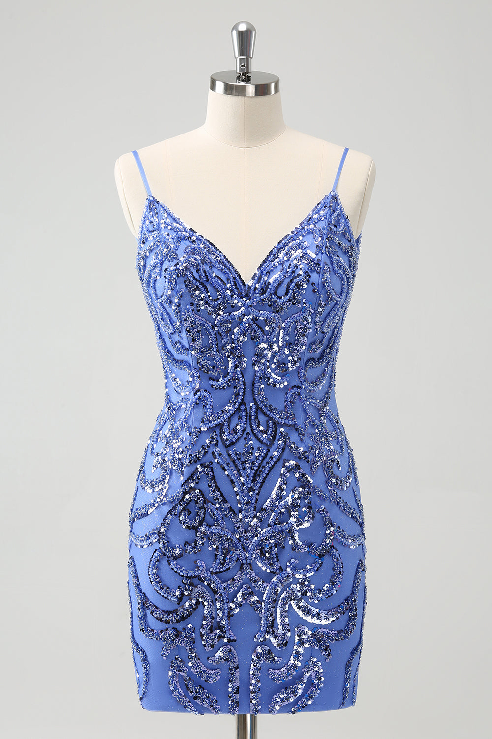 Glitter Blue Tight V Neck Homecoming Dress with Sequins