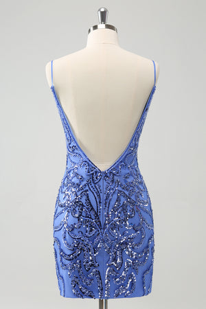 Glitter Blue Tight V Neck Homecoming Dress with Sequins