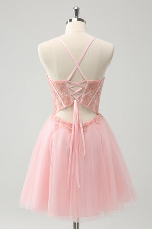 Beaded Pink A Line Corset Short Homecoming Dress