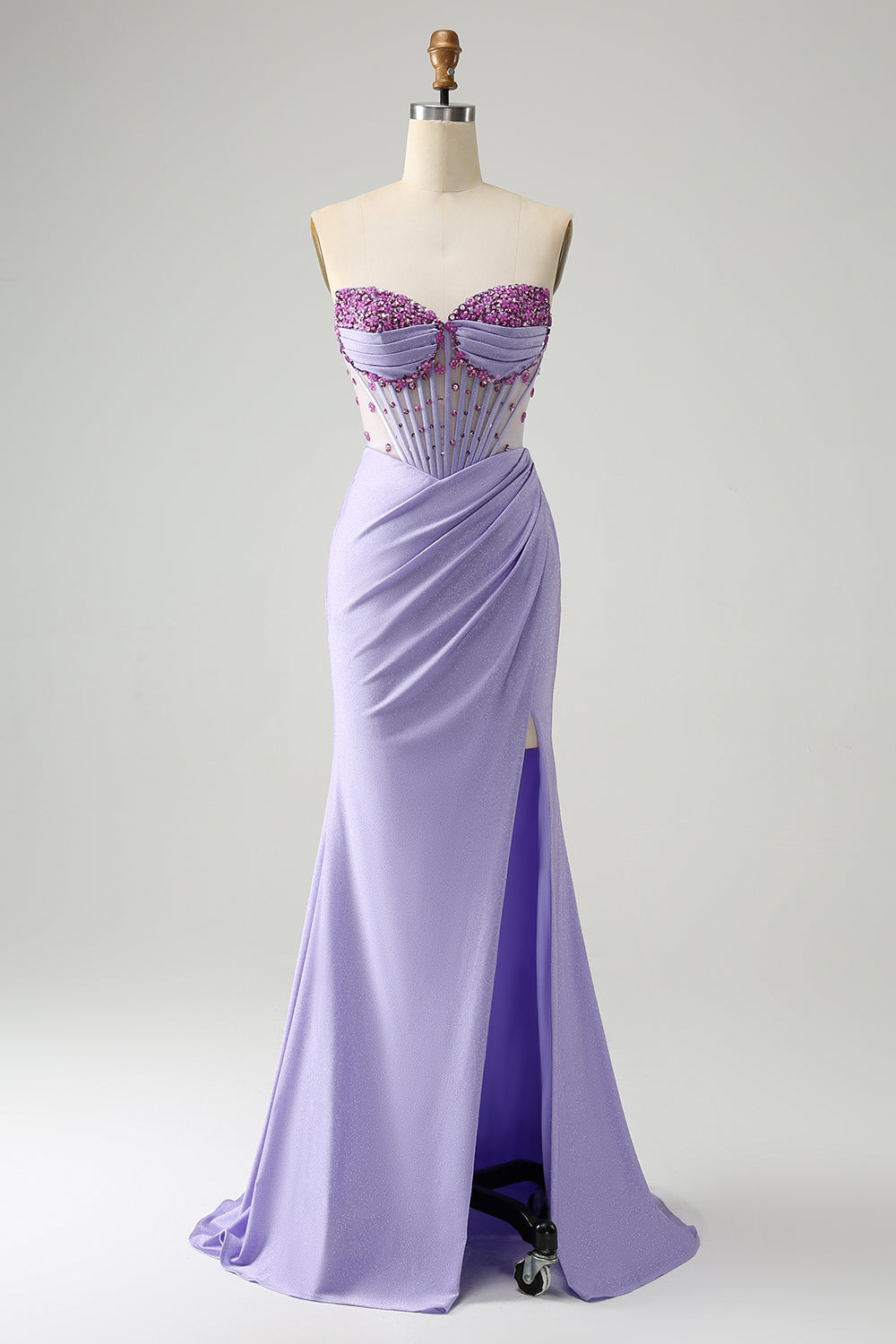 Mermaid Strapless Light Purple Beaded Long Prom Dress with Slit