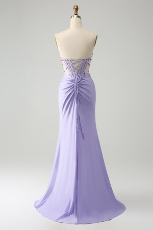 Mermaid Strapless Light Purple Beaded Long Prom Dress with Slit