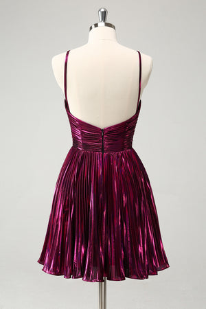 Purple Metallic Homecoming Dress With Pleated