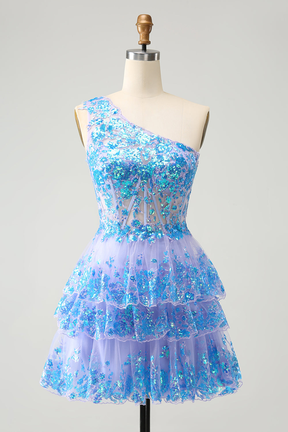 Blue Corset Tiered One Shoulder Homecoming Dress