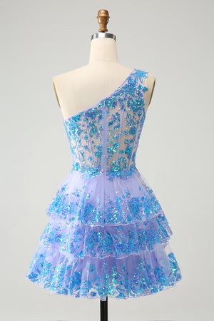 Blue Corset Tiered One Shoulder Homecoming Dress