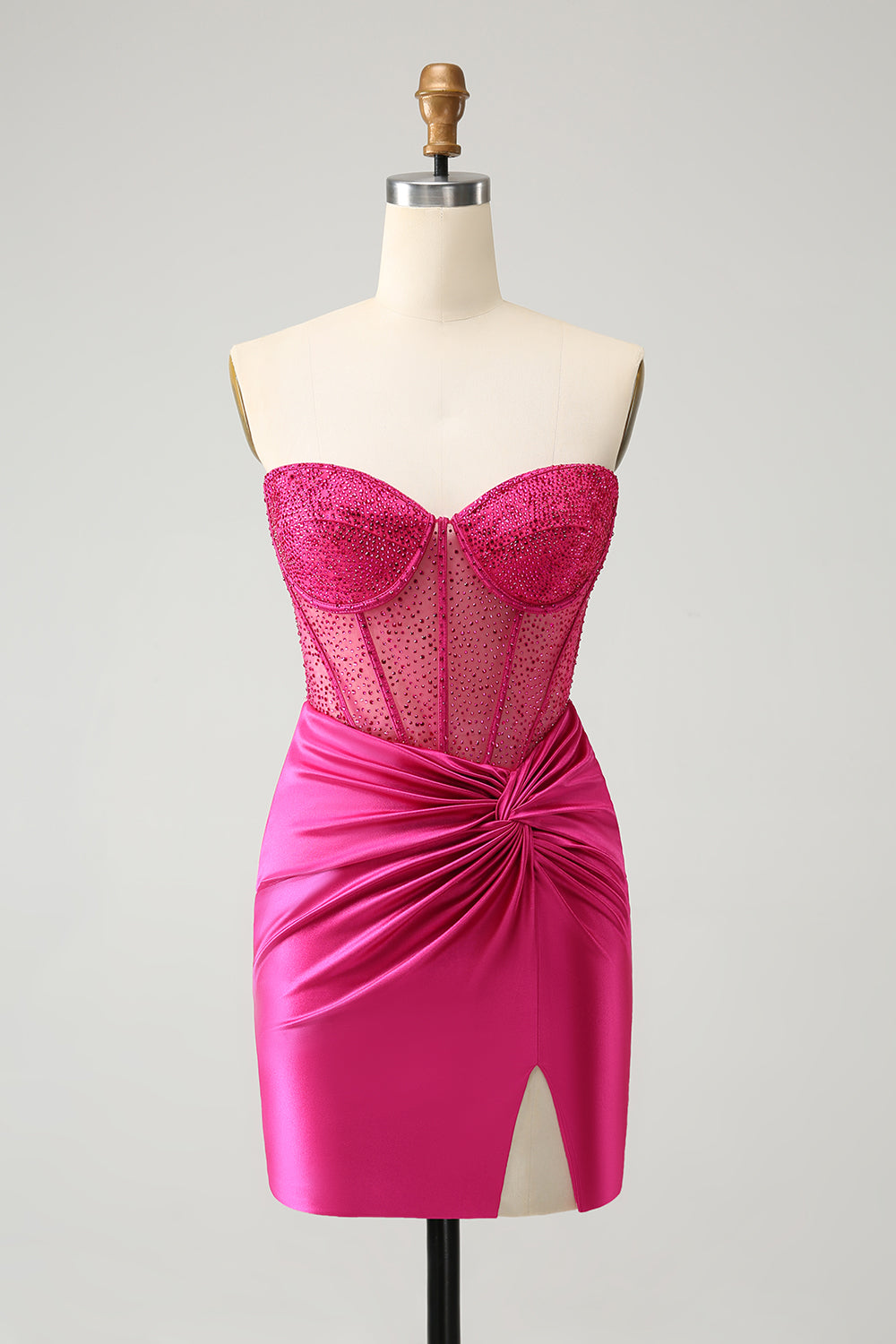 Glitter Hot Pink Pleated Corset Strapless Homecoming Dress With Beading