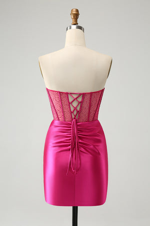 Glitter Hot Pink Pleated Corset Strapless Homecoming Dress With Beading