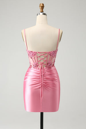 Pink Sequins Corset Tight Homecoming Dress With Appliques