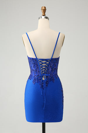 Sparkly Royal Blue Corset Homecoming Dress With Beading