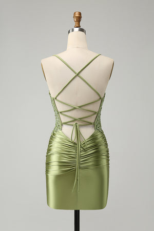 Green Satin Corset Homecoming Dress With Appliques