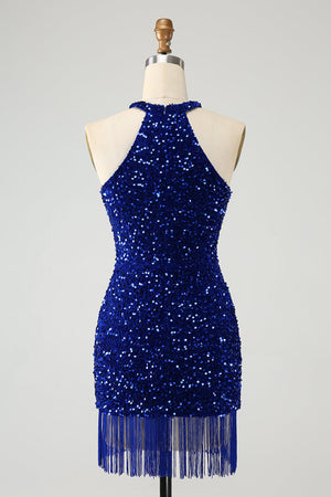 Sparkly Royal Blue Bodycon Halter Sequin Short Homecoming Dress with Tassel