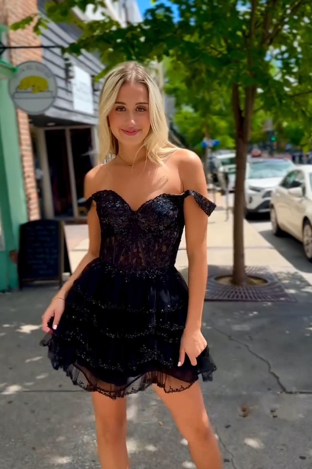 Black Appliques Tiered A Line Off the Shoulder Short Homecoming Dress