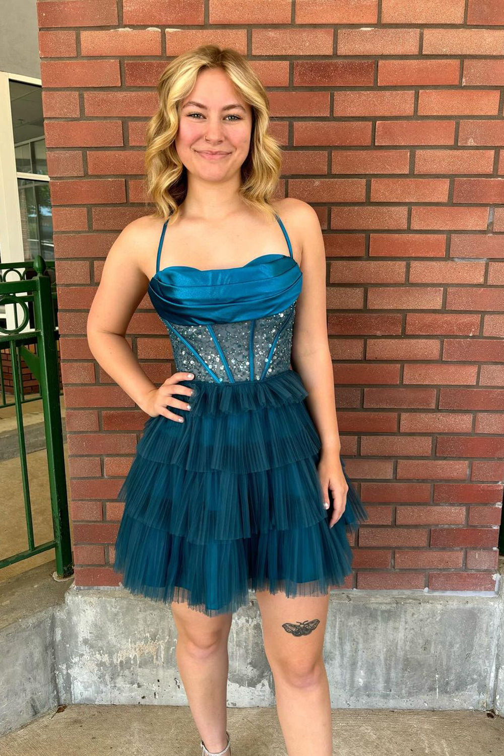Peacock Blue Tiered A Line Spaghetti Straps Short Homecoming Dress