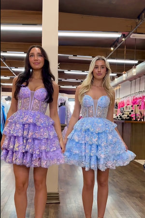 Appliques Blue Corset Tiered A Line Spaghetti Straps Short Homecoming Dress