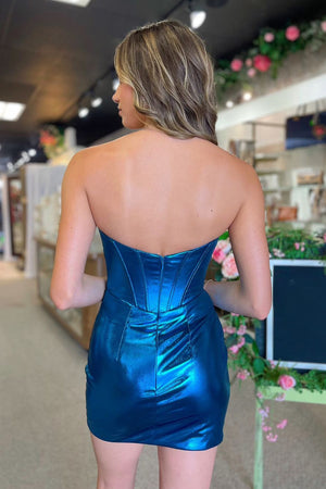 Stylish Sparkly Blue Corset V-Neck Backless Tight Homecoming Dress