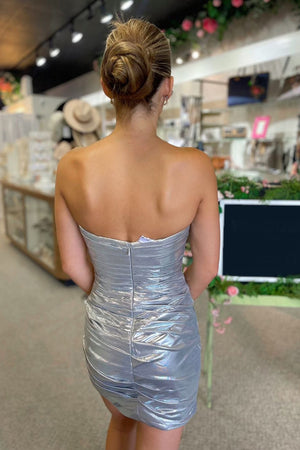 Sparkly Silver Strapless Ruched Tight Homecoming Dress with Beading