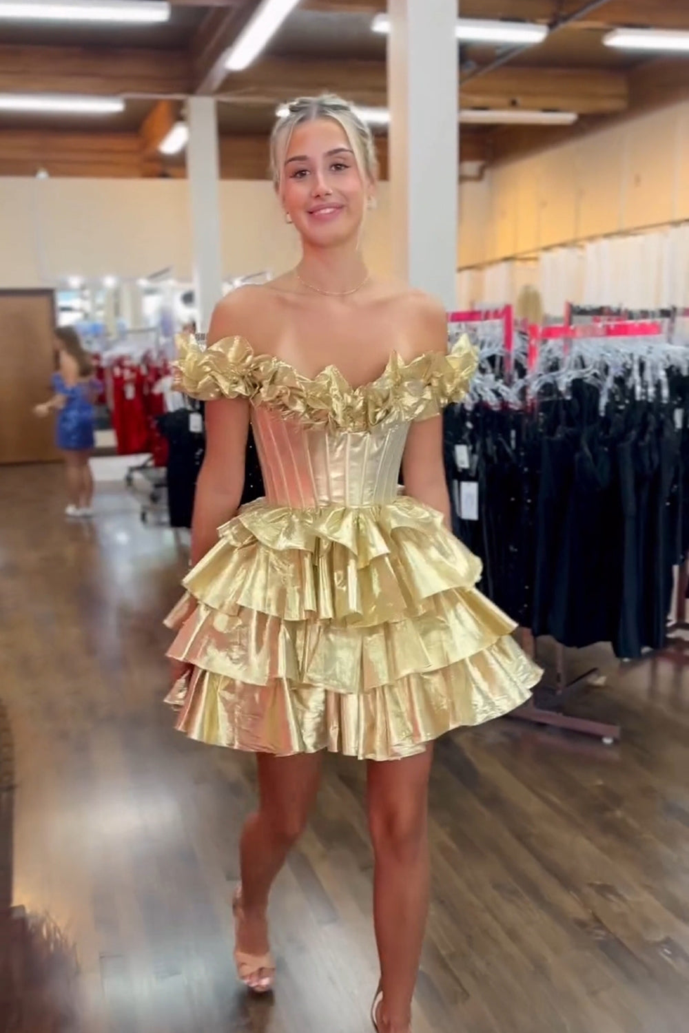 A-Line Sparkly Golden Sleeveless Ruffle Tiered Corset Homecoming Dress