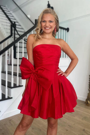 Red A Line Strapless Homecoming Dress with a Big Bowknot