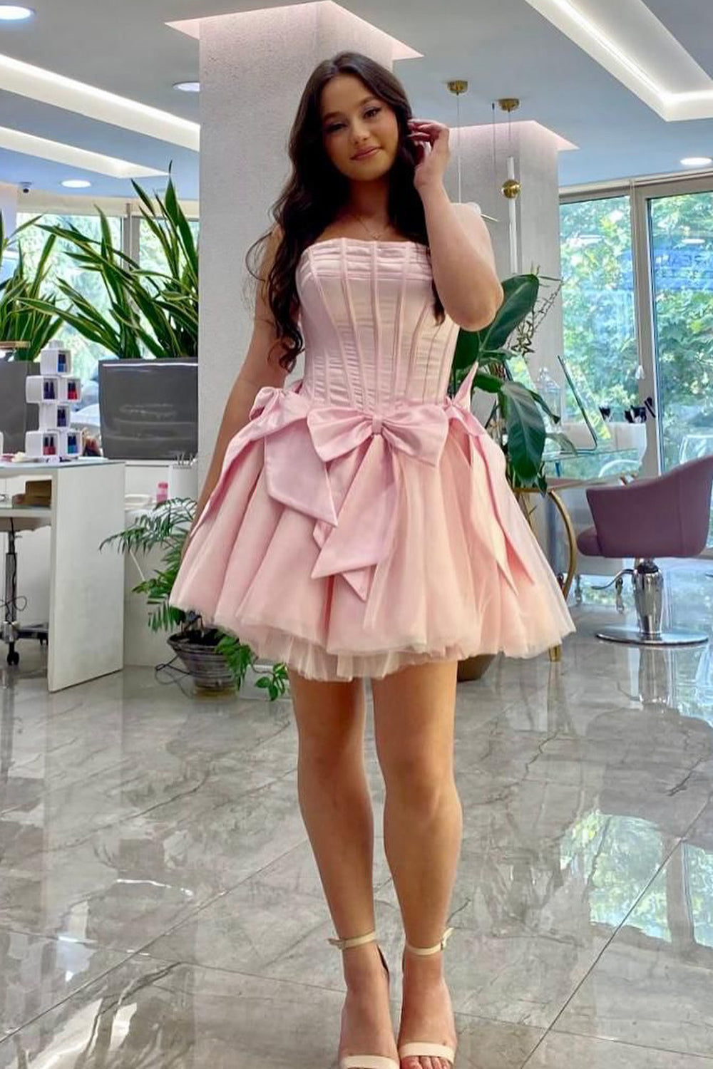 Pink A Line Corset Tulle Short Homecoming Dress