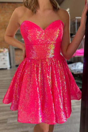 Sparkly Fuchsia A-Line Sweetheart Ruffle Homecoming Dress with Sequins