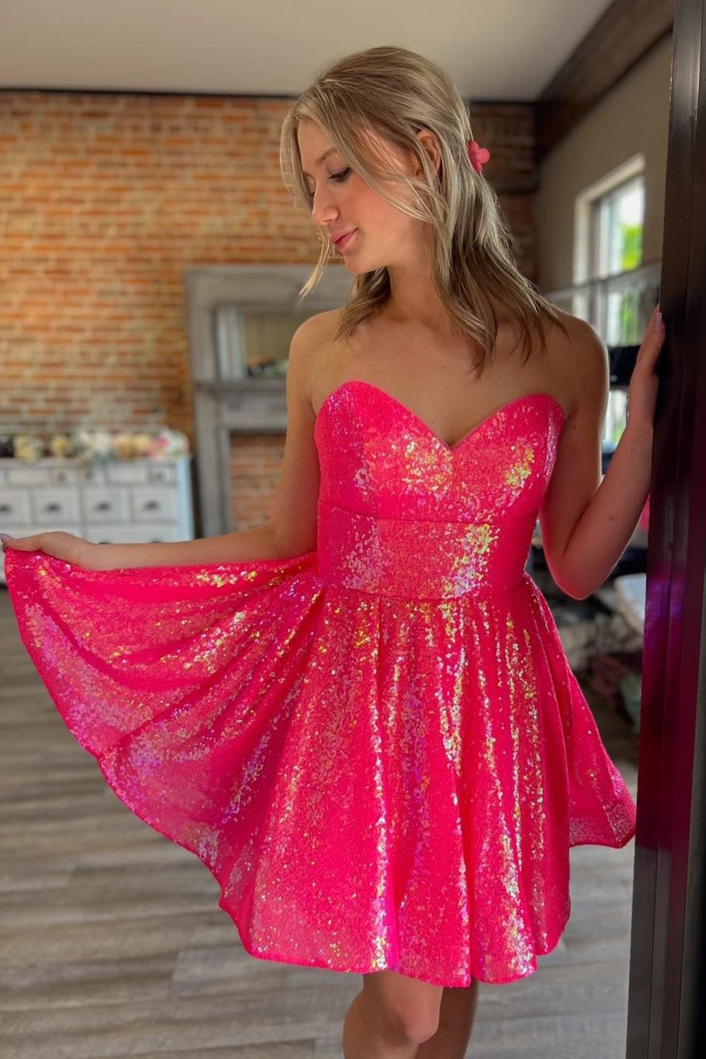 Sparkly Fuchsia A-Line Sweetheart Ruffle Homecoming Dress with Sequins