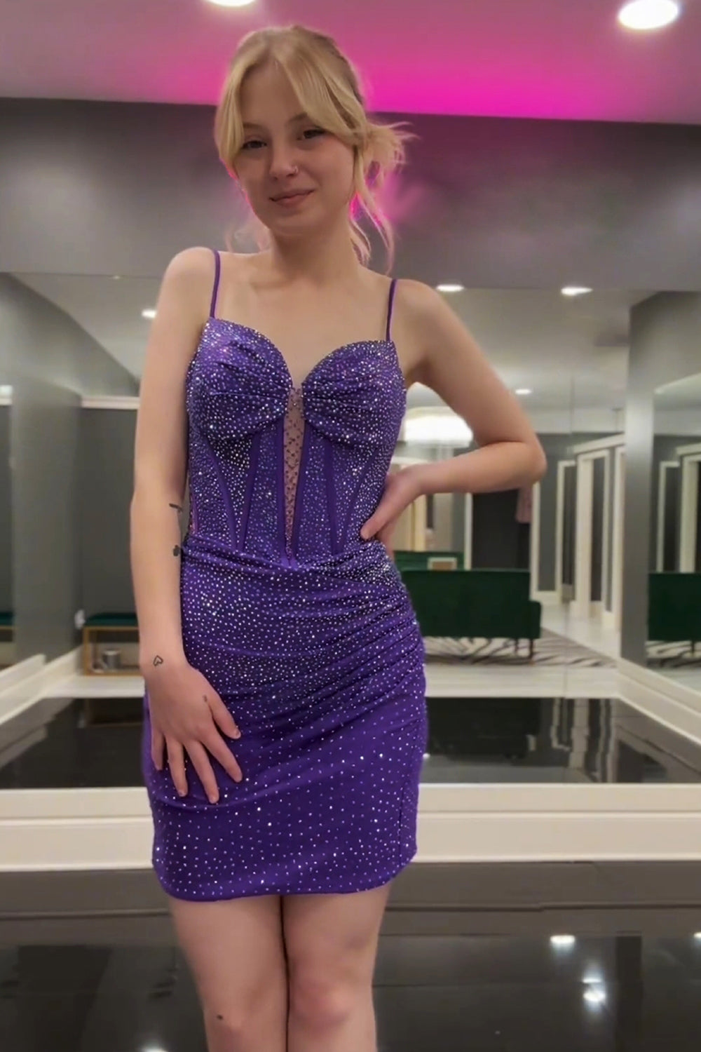 Sparkly Dark Purple V-Neck Corset Homecoming Dress with Beading