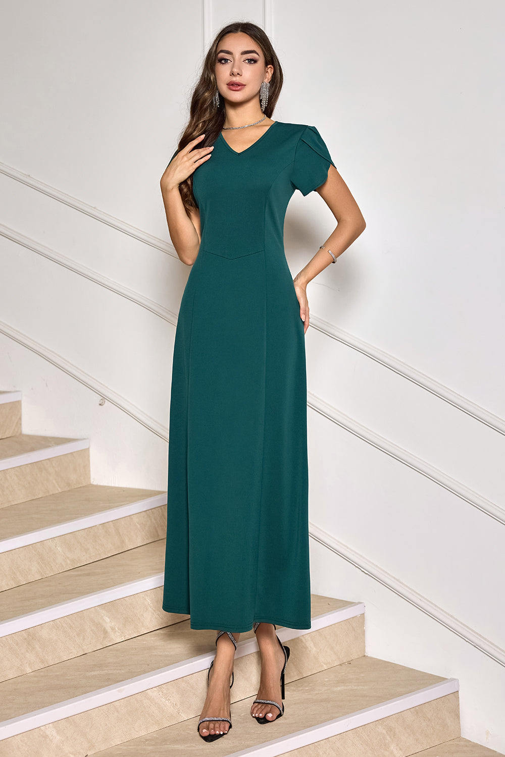 Simple Dark Green V Neck Chiffon Short Sleeve Formal Dress