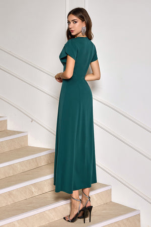 Simple Dark Green V Neck Chiffon Short Sleeve Formal Dress