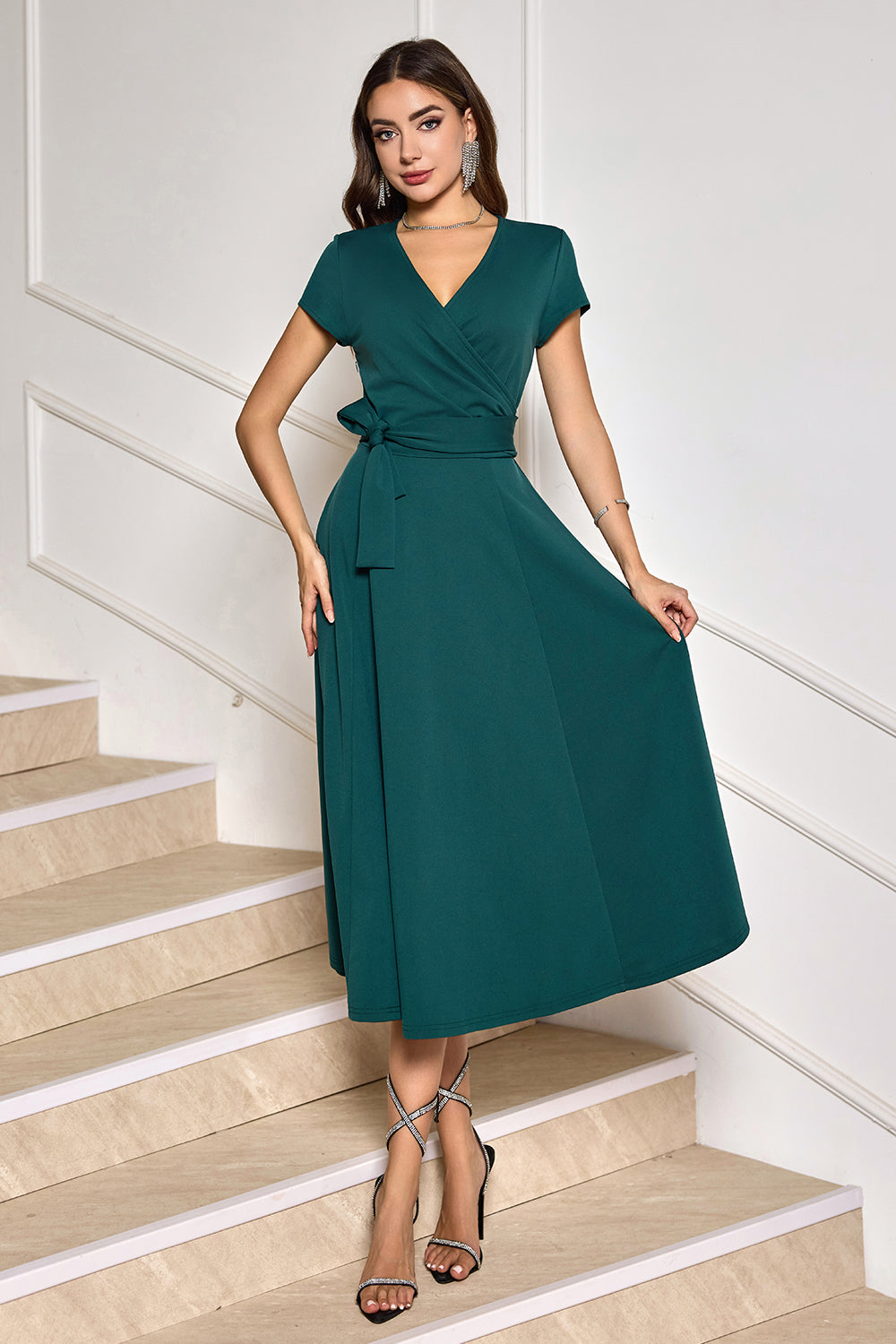 Dark Green V Neck Chiffon Short Sleeve Formal Dress with Bow