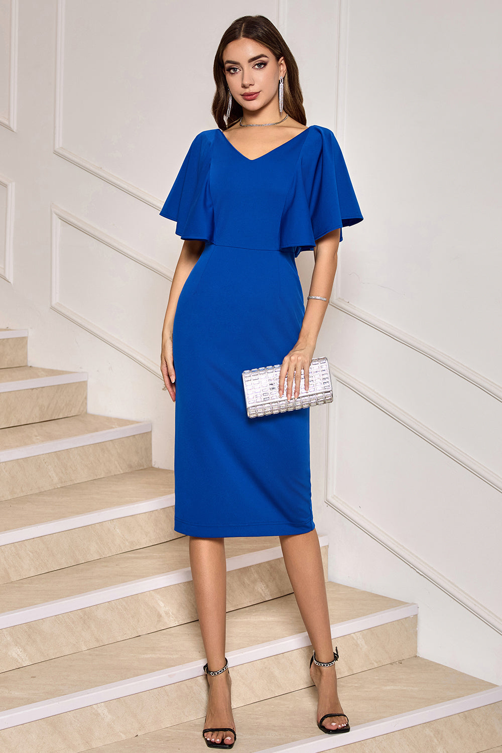 Royal Blue V Neck Chiffon Half Sleeves Short Formal Dress