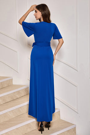 Royal Blue Half Sleeves V Neck Chiffon Formal Dress with Bow