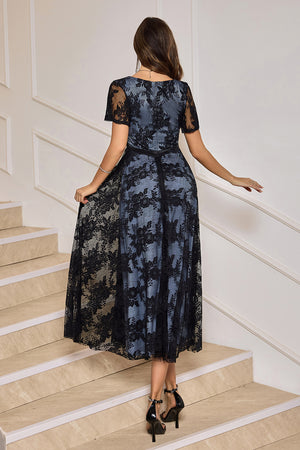 Black Lace Floral A Line V Neck Short Sleeve Formal Dress