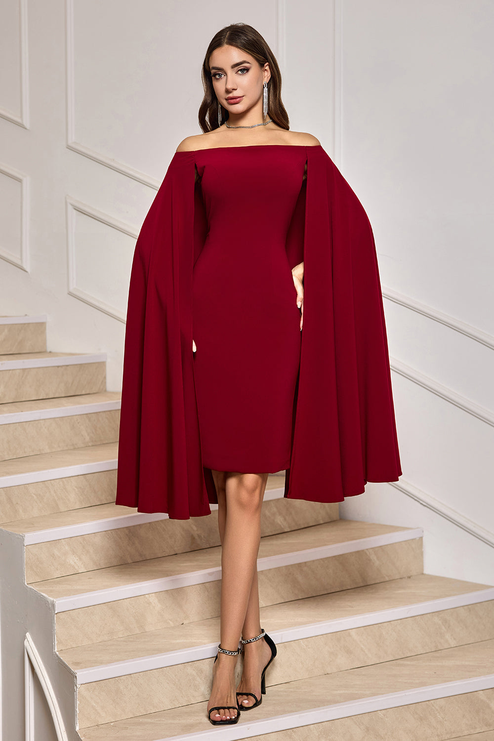 Cape Sleeve Burgundy Off The Shoulder Tight Short Formal Dress