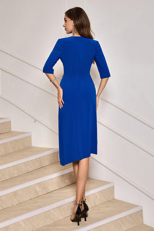 Royal Blue V Neck Pleated Half Sleeve Tight Formal Dress