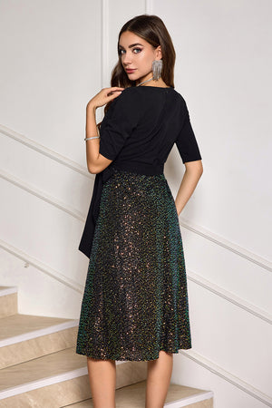 Sparkly Sequins Black V Neck Half Sleeves Formal Dress