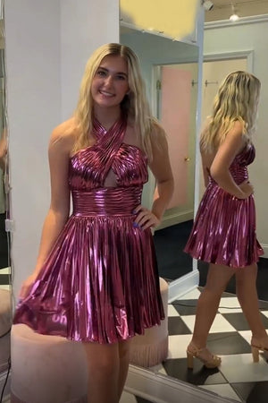 Sparkly Fuchsia A Line Halter Hollow-out Homecoming Dress