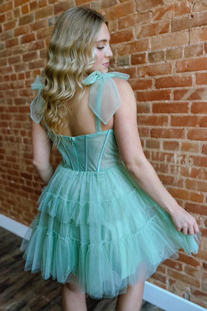 Tulle Tiered Green Corset Spaghetti Straps Homecoming Dress