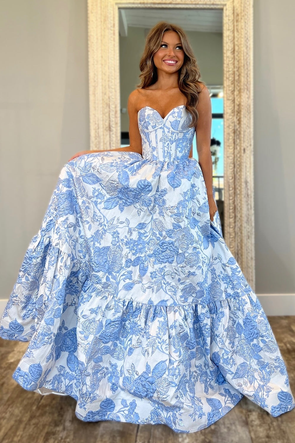 Blue Embroidery A Line Corset Strapless Long Prom Dress