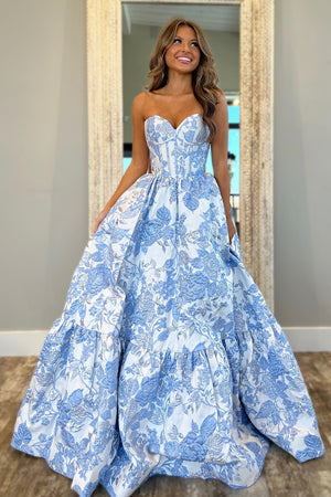 Blue Embroidery A Line Corset Strapless Long Prom Dress