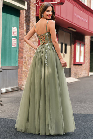 Green A Line Corset Sequin Tulle Long Prom Dress with Lace Up Back