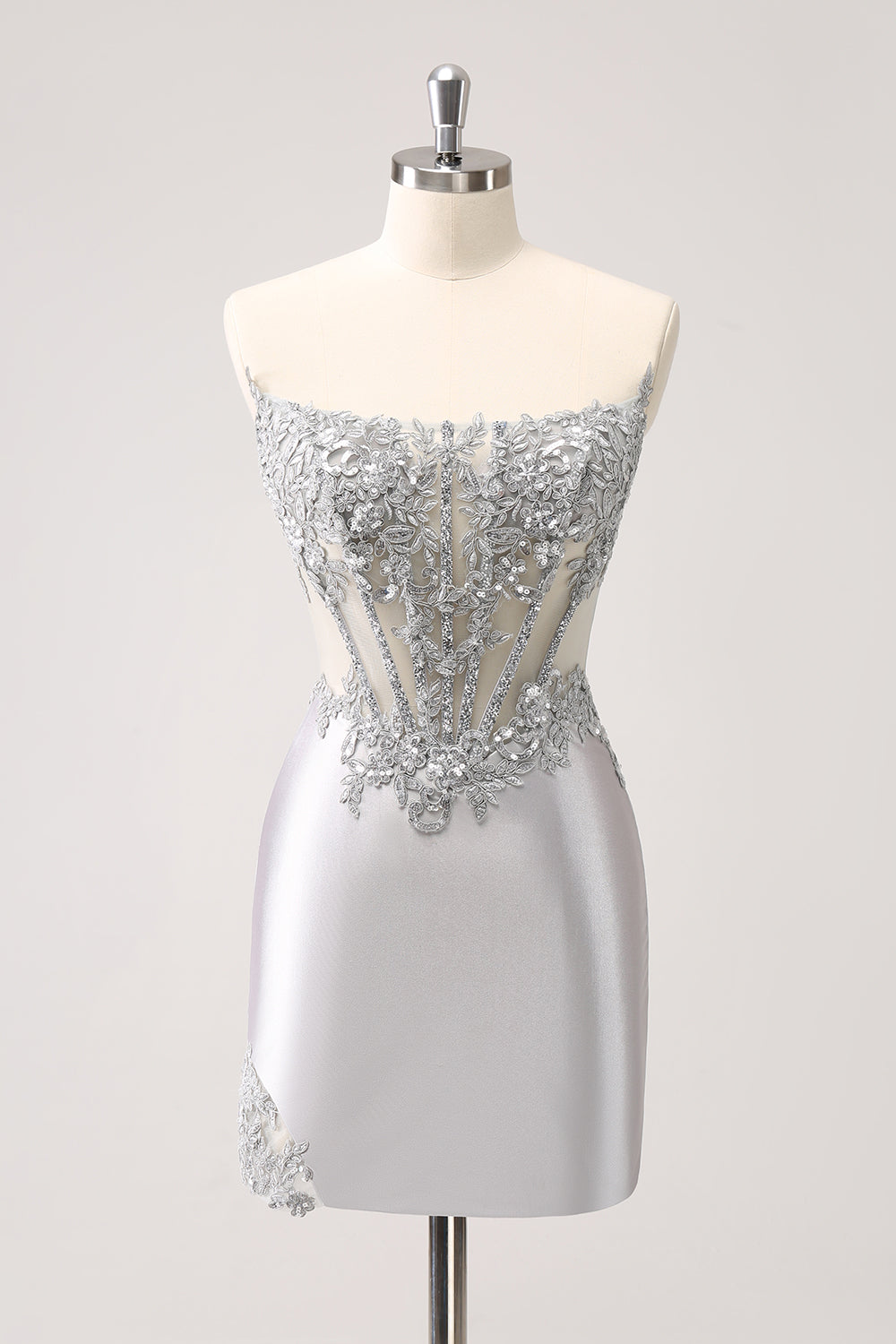 Strapless Silver Glitter Corset Homecoming Dress With Appliques